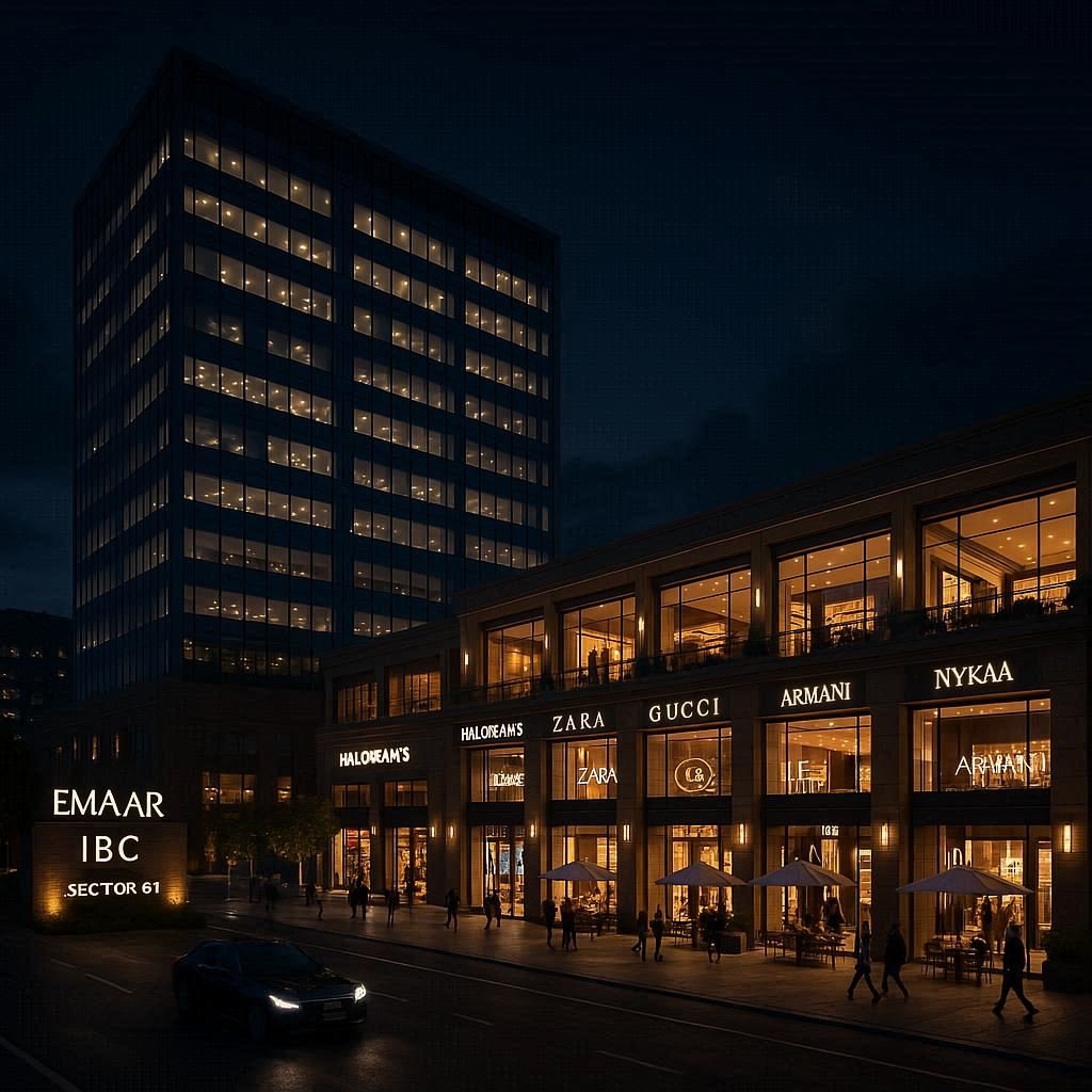 Emaar upcoming commercial project in Sector 61 Gurgaon with premium retail outlets, office spaces, and luxury brands like Zara, Gucci, Armani, and Nykaa.