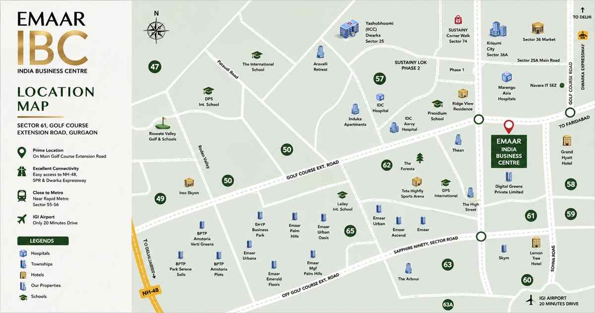 EMAAR India Business Centre(IBC) location map showing Sector 61, Gurgaon, Golf Course Extension Road—connectivity of Rapid Metro, Grand Hyatt Hotel, NH-48, and surrounding premium residential sectors.